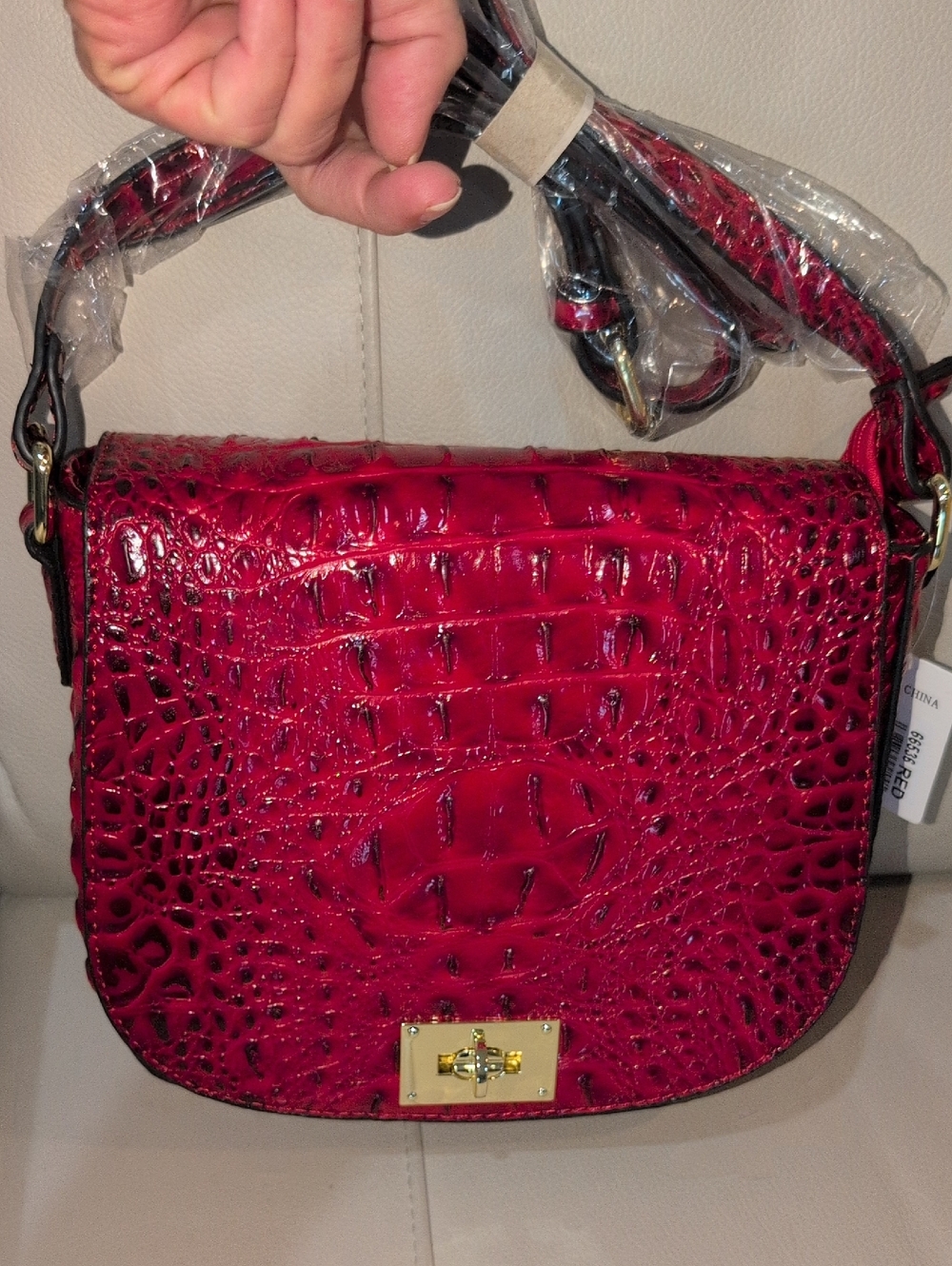 Glossy Red Croc-Embossed Vegan Crossbody Bag with Gold Hardware NWT